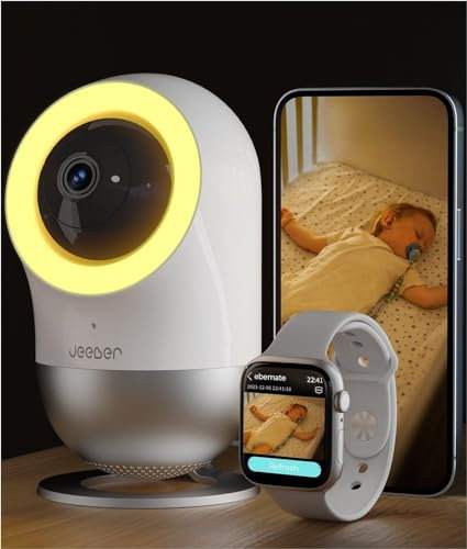 jeeber 2.5K/4MP Babyphone Intelligent - Babyphone avec Caméra pour Téléphones et Montres Intelligentes, Soins Intelligents, Détection des Cris, Analyse du Sommeil par IA, Veilleuse, Berceuse (WLAN)