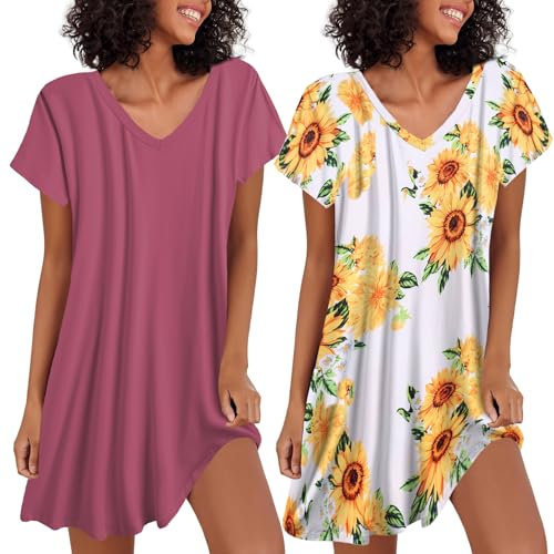 Ekouaer Chemise de Nuit Femme Col V Vêtements de Nuit Manches Courtes Robe de Nuit Poche 2 Pièces, Rose + Tournesol, M