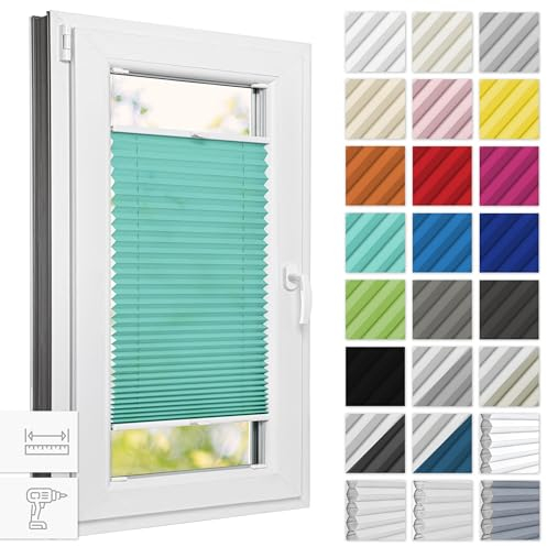 Estika Plissee mit Bohren 65 cm x 120 cm - Türkis - Rollos für Fenster, Jalousien Fenster für innen, Raffrollo, Fenster plissee