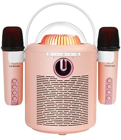 WinBridge Máquina de Karaoke para Niños, Altavoz Bluetooth Portátil con Dos Micrófonos Inalámbricos, Mini Máquina de Karaoke Cumpleaños para Niñas de 4+ Años, Color Rosa T7