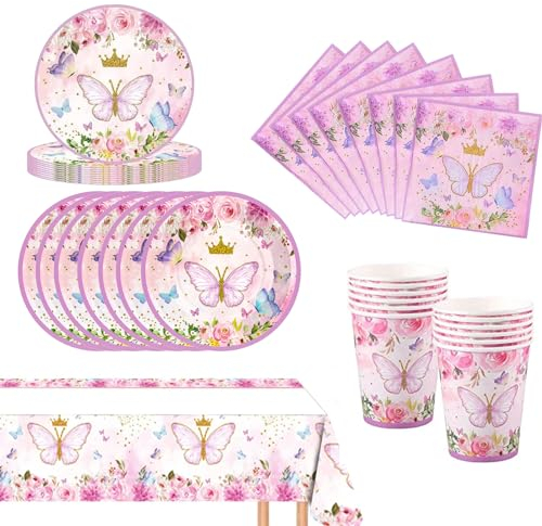 Schmetterling Partygeschirr Set, 41 Stück Schmetterling Deko Geburtstag,Kindergeburtstag Geschirr Set,Schmetterling Geburtstag Deko,Mit Teller Becher Servietten,Party Geschirr für 10 Gäste