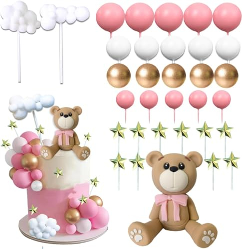Teddybär Kuchen Dekoration, 33 Stück Tortendeko Geburtstag, Cake Topper mit Kugeln, Wolke, Sterne, Bär Kuchen Topper für Mädchen Junge Babyparty Hochzeit