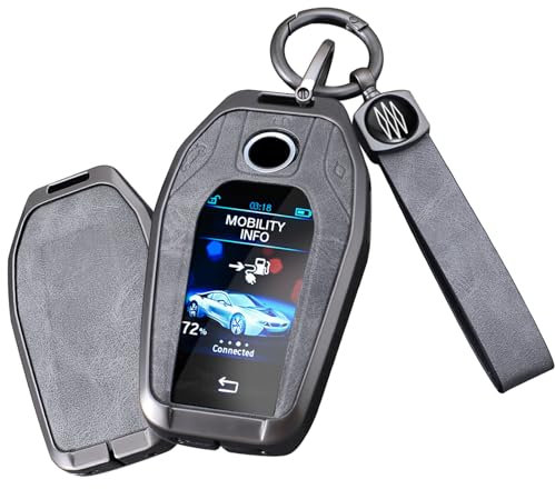 TECART Smart Autoschlüssel Shell für BMW 5 6 7 Series G30 G31 G32 GT G11 G12 X3 G01 X4 G02 X5 G05 X7 G07 Display Key Metall Schlüsselbund Schlüsseletui Leder Schlüsselhülle Cover-B Grau