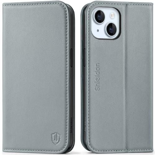 SHIELDON Hülle für iPhone 15 Handyhülle [Echtleder] [Kartenschlitz] [Magnetisch Wallet] [Ständer] [RFID Blocker] Schutzhülle Lederhülle Klapphülle Flipcase Cover Kompatibel mit iPhone 15 5G 6,1 Grau