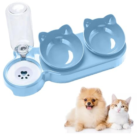 3-In-1 Cat Food and Water Bowl Set, Raised Cat Bowls With Stand, Double Cat Bowls with Water Dispenser for Pet, Food and Water Feeder for Small Medium Dogs Cats (Light blue)