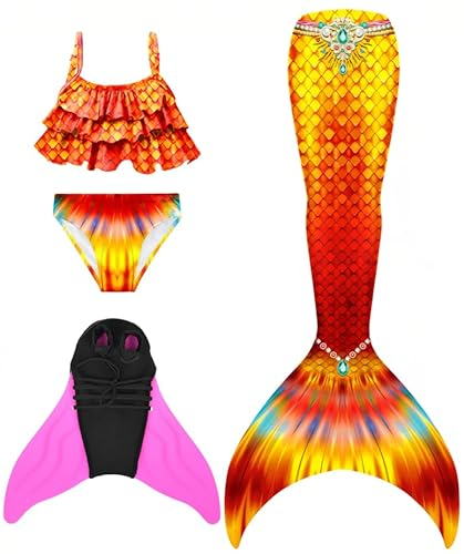 Pyjacos meerjungfrauenflosse mädchen Badeanzug - Meerjungfrau Flosse Bademode mit Bikini Set und Monoflosse Mermaid Tail, 4 Stück Set,FenM5-130