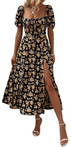 GORGLITTER Women's Floral Midi Dress Ruched Bust Split A Line Dress Boho Square Neck Short Sleeve Summer Swing Dresses Black Yellow Floral M