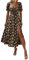 GORGLITTER Women's Floral Midi Dress Ruched Bust Split A Line Dress Boho Square Neck Short Sleeve Summer Swing Dresses Black Yellow Floral M