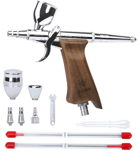 Bucasso Airbrush Kit, Air Brush Spray Gun with 0.3mm/0.5mm/0.8mm Needles/Nozzle Sets, 3cc/7cc/11cc Replaceable Fluid Cup for Painting Model Nails Cake Tattoo Makeup (Walnut01)