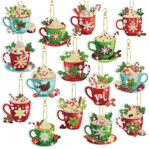 15 Pcs Christmas Diamond Keychain Kits, Double Sided Diamond Art Keychain 5D Christmas Diamond DIY Painting Key Ring Full Drill Diamond Painting Key Chains Pendant for DIY Christmas Decor (Style-B)