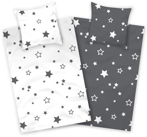 Aminata kids Bettwäsche 135x200 Sterne weiß anthrazit Baumwolle Stern-Motiv, Reißverschluss weich & atmungsaktiv, Sommer-Bettwäsche-Set Jungen Mädchen - Wendebettwäsche