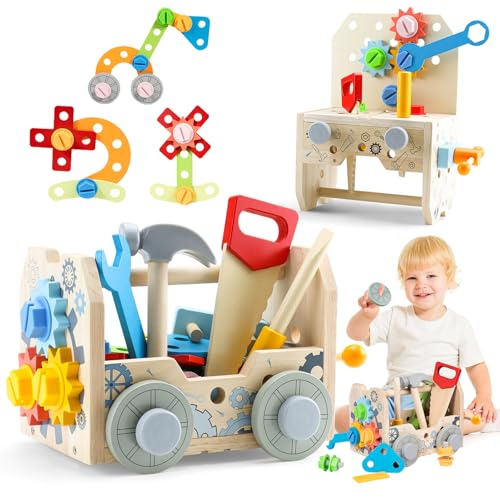 Aischens Caja de Herramientas de Madera Montessori para Niños 3 4 5 6 Años, Banco de Trabajo Herramientas Bricolaje DIY Juguetes, Juego Educativo de Madera Juego de Herramientas Manualidades Niños