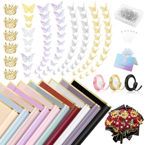 Kit carta da regalo per fiori, include 100 fogli di carta da regalo per bouquet di fiori, 3 rotoli di nastro per bouquet di fiori, 20 pezzi di biglietti d'auguri, 200 pezzi di spille per fiori etc