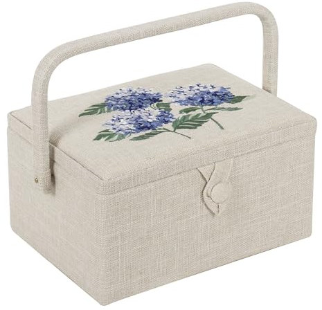 Hobby Gift Exclusive Mittelgroße Nähhandwerk-Bastel-Aufbewahrungsbox, Zubehörablage, Nadelkissen, Tasche, PVC-Griff, bestickter Deckel, 18,5 x 25,5 x 14,5 cm, Hortensie