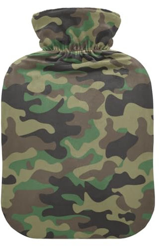 Hot Water Bottle with Cover, Green Camo 1L Leakproof Hot Water Bag for Hand Feet Warmer, Neck, Shoulder, Back, Muscle Pain Relief, Cold Compress