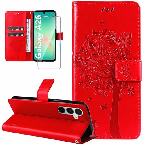 Dcjlbo Coque pour Samsung Galaxy A26 5G Antichoc Etui Protection-Rouge | Étui avec Verre Trempé Motif Porte Carte,Portefeuille Cuir Housse Rabat,Support Réglable Antidérapante à Rabat Pochette Case