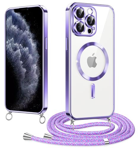 Woijrly Magnétique Coque avec Cordon pour iPhone 11 Pro 5.8, Compatible avec MagSafe, Coque Magnétique en Galvanisé avec Réglable Collier Lanyard, Antichoc Etui pour iPhone 11 Pro, Violet