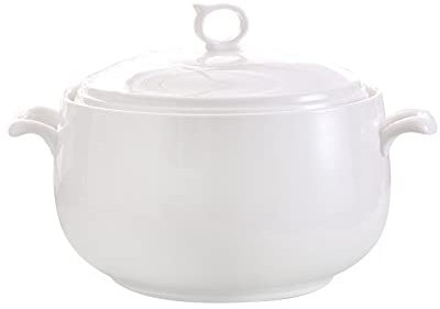 Grande soupière en céramique de 3 L avec couvercle à double poignée pour service de cuisine en porcelaine blanche, passe au micro-ondes et au lave-vaisselle