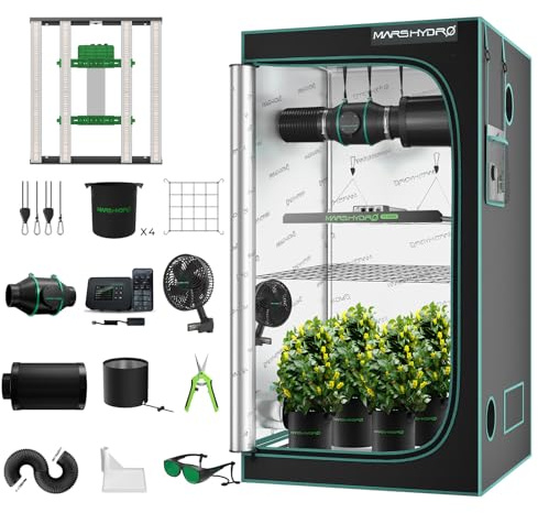 MARS HYDRO E3000 Smart Growzelt Komplettset 100X100X180cm für Indoor-Anbau | Dimmbare Vollspektrum LED Pflanzenlampe 1680D Grow Tent Kit 4 Automatischer Rohrventilator Belüftungssat mit iControl