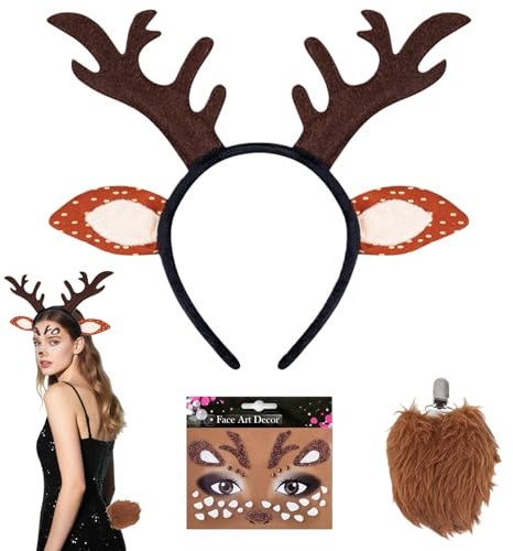 Richaa Weihnachten Rentier Reh Geweih Haarreif Damen, Reh Kostüm Herren Damen für Party Urlaub Cosplay Karneval
