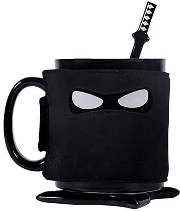 Kreative Ninja Keramiktasse,Lustige Keramik Kaffeetasse mit Untersetzer und Löffel,Schwarze Maske Keramik Ninja Tassen,Neuartige Geschenke für Freund