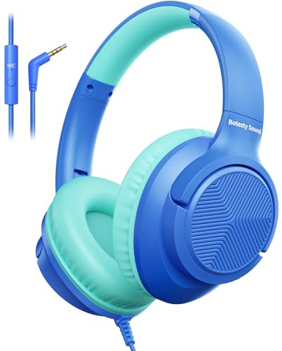 Headphones Wired with Microphone, 3.5mm Corded Headphones for School, Blue | Wired Over Ear Foldable Plug in Headphones, 4.9ft Tangle-Free Nylon Cord for School, Tablet, Laptop, MP3/4, Airplane Travel