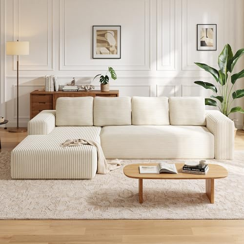 Wumagin 261cm Modulares L-förmiges Ecksofa mit Schlaffunktion, Rahmenloses 4-Sitzer-Schlafsofa, Cord Bodensofa mit Ottomane für Wohnzimmer, Freistehend, Keine Montage, Linksseitige Anordnung(Weiß)