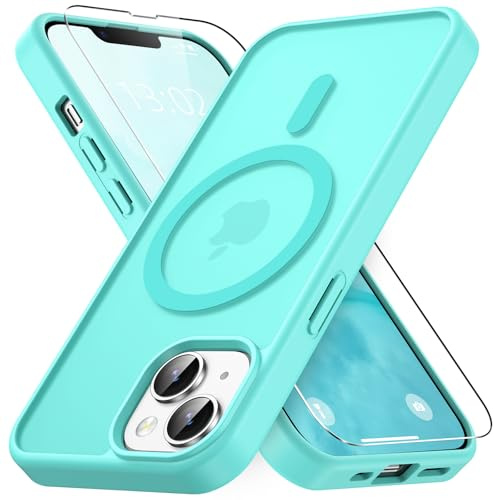 Vansdon Magnetisch für iPhone 13 / iPhone 14 Hülle-Blau Grün | mit 1 Schutzglas, Kompatibel mit Magsafe, Fallschutz nach Militärstandard, Transluzente Matt Rückseite Stoßfeste Handyhülle