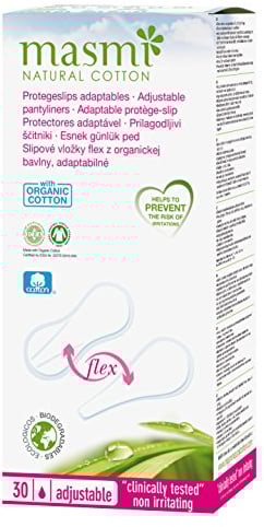 24 x Masmi Flex Bio Slipeinlagen (für Slips, Bikini, String Tanga, String). 100% zertifizierter Bio-Baumwolle, hypoallergen, biologisch abbaubar, Parfüm, Chlor und Dioxin frei