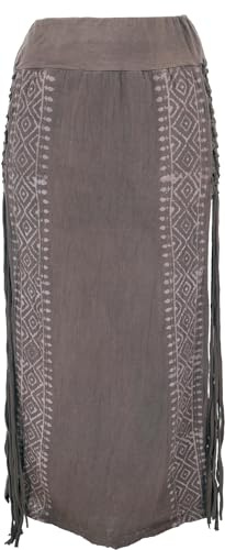 GURU SHOP Langer Boho Fransenrock, Sommerrock, Lagenrock, Maxi | Slim Fit, elastischer Bund, handgefertigter Druck, seitlich verflochten, fransige Bänder