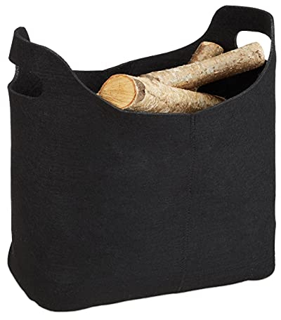 Relaxdays Kaminholzkorb aus Filz, HxBxT: 39,5 x 40 x 23 cm, 2 Griffe, faltbar, Zeitungshalter, Filzkorb, schwarz