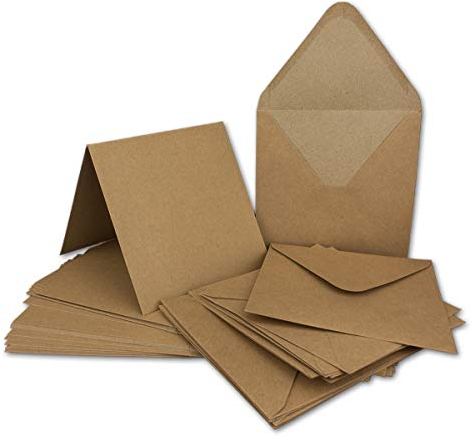 30 Klapp-Karten Set Quadratisch Vintage Braun Recycling - 13,5x13,5 cm - 220 g/m² mit Brief-Umschlägen quadratisch - 14x14 cm - 90 g/m² Nassklebung