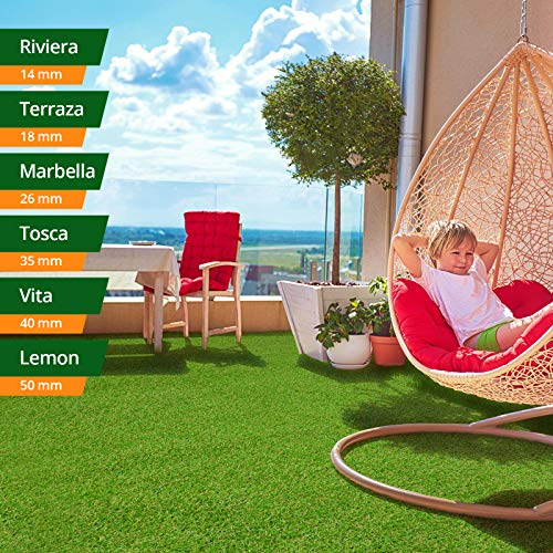casa pura Kunst-Rasen in 6 Höhen • Natürlich weich in Echtrasen-Optik • Rasen-Teppich Riviera, 14 mm • Kunstrasenteppich wasserdurchlässig & UV-beständig • Garten, Terrasse, Deko • 100x250 cm