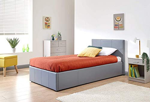 GFW Classic Leather Upholstered Ottoman Storage Bed With Gas End Lift & Under Bed Storage, Small Double, Faux Leather, Grey