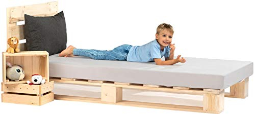 sunnypillow 100x200 cm Palettenbett mit Kopfteil Holzbett Bett aus Paletten Palettenmöbel Naturholz Fichte europalette 80 90 100 120 140 160 180 200 220 240 x 200cm