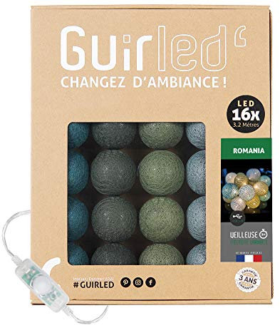 GuirLED - LED Baumwollkugeln Lichterkette USB - Baby Nachtlicht 2h - Dual USB 2A Netzteil enthalten - 3 Intensitäten - 16 Kugeln 1.6m - Romania