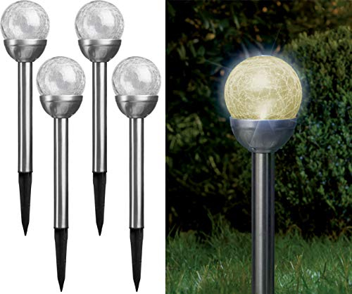 Bonetti Solarlampen für außen aus Edelstahl mit Bruchglas-Kugel, warm-weiße und bunte LED, kabellos, dekorative wetterfeste Solarleuchte für den Garten, Terrasse und Balkon (4er Set, warm-weiß)