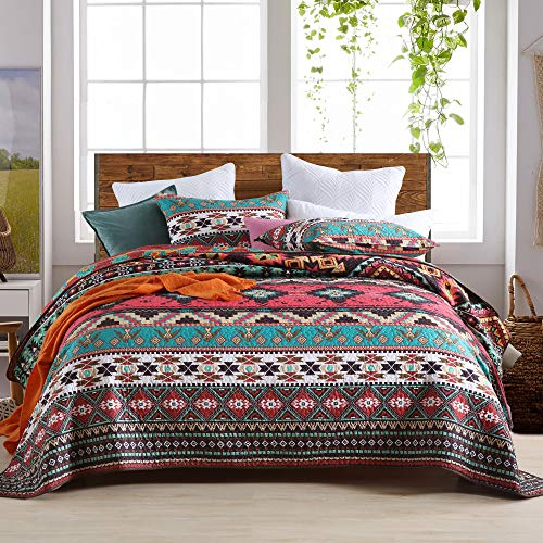 Qucover Boho Tagesdecke 220x240, Reversible A/B-Seite Bettüberwurf Set mit 2 Kissenbezüge 50x75cm für Doppelbett, Indische Doppelbett Bettüberwurf, Bunte Decke Sofa Überwurfdecke Wohndecke