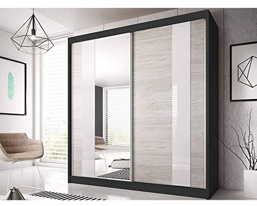 MOEBLO Kleiderschrank Schwebetürenschrank mit Spiegel 2-türig Schrank mit vielen Einlegeböden und Kleiderstange Gaderobe Schiebtüren BxHxT 233x218x61 - Ben 32 (Schwarz)