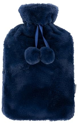 LIVIVO 2L Hot Water Bottle with Insulating Cover Featuring Decorative Pom-Poms - Keep Cosy and Warm (Navy)