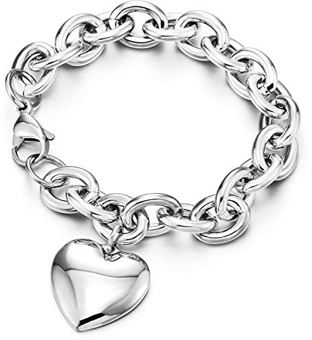 COOLSTEELANDBEYOND Rolo Catena Charm Bracciale Soffio Cuore, Donna, Braccialetto di Fascino, Acciaio Inossidabile, Link Lucido