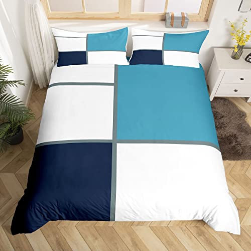 feelingyou Grau Blau Modernes Bettwäsche-Set 135×200,Abstrakte Kunstform Bettbezug mit 1 Kissen Sham Trösterbezug für Kinder Jungen,Weiß Vintage Plaid Print Bettbezug Set Dekorativ 2 Stück
