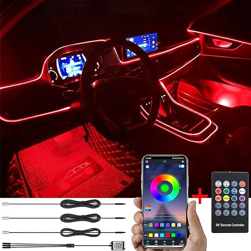 TABEN Auto Atmosphärenlicht Kit Musiksynchronisation Mehrfarbig RGB 16 Millionen Farben 4 Meter Glasfaser USB-Ambientebeleuchtung Kit, drahtlose RF-Fernbedienung und Bluetooth-App-Steuerung DC 12V