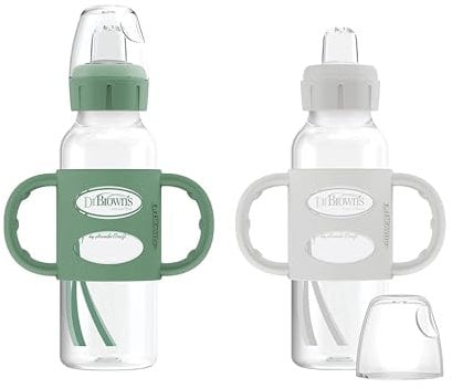 Dr. Brown’s Milestones Narrow Transitional Sippy Bottle with Silicone Handles 8oz 250mL 6m+ Green and Gray 2-Pack