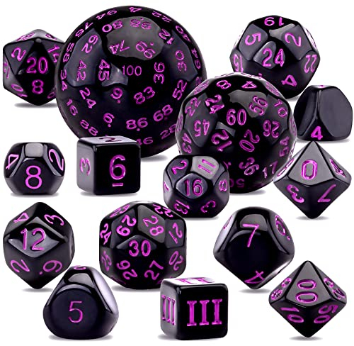 SIQUK 15 Stücke Polyedrische Würfel Set mit Beuteln D3-D100 Würfel Polyeder Würfel DND Spiel Würfel für Dungeons und Dragons RPG MTG, Schwarz und Lila