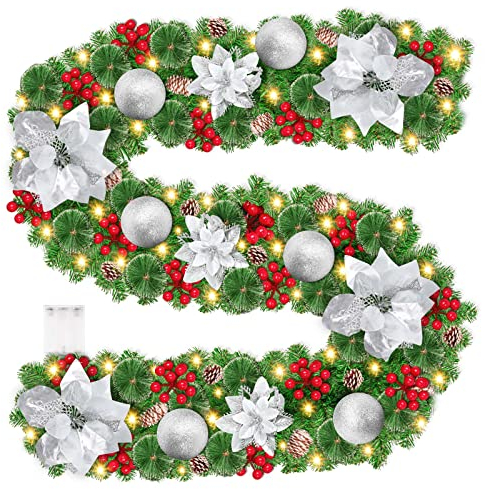 Ghirlanda Natale 2.75m Ghirlanda Natale con Luci a LED, Ghirlanda di Natale Artificiale, per Tavolo da pranzo Camini,Scale,Decorazioni dell'albero di Natale