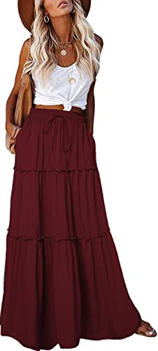EARKOHA Langer Maxirock für Damen, hohe Taille, Paisleymuster, mit Taschen, Vollwein, Mittel
