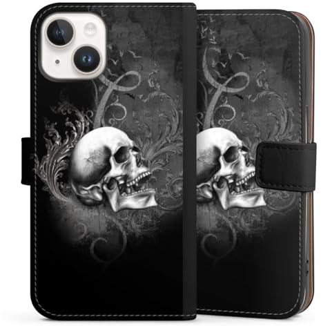 Klapphülle kompatibel mit Apple iPhone 14 Handyhülle aus Kunst Leder schwarz Flip Case Gothic Schädel Totenköpfe