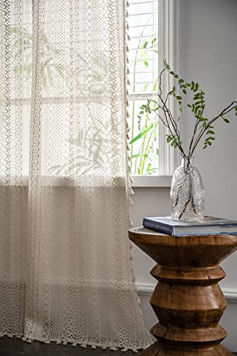 iyoimono Boho 2er Set Gardinen Beige weiß Vintage Vorhänge Landhausstil Häkeln Stricken Gardinen,Baumwolle Leinen Quaste Lace Transparent Vorhang für Küche Wohnzimmer Schlafzimmer,2 Stück,B150×H220cm