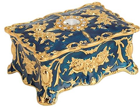 Vintage-Schmuckkästchen, Verziertes Antik-Finish, Graviert, Rechteckig, Schmuckschatulle, Dekorative Ohrring-Ring-Schatzkiste, Halsketten-Organizer, Aufbewahrungsbox für Geburtstag (Goldenes Blau)